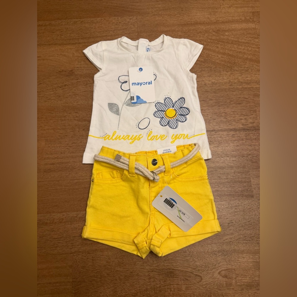 Mayoral Baby Girl Floral White Shirt With Yellow Shorts Size 9 Months NWT